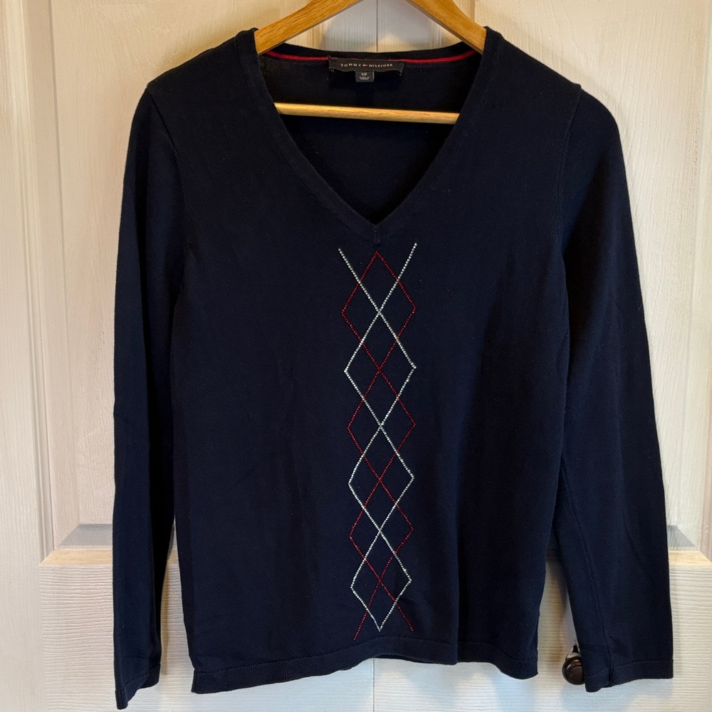 Tommy Hilfiger Womens Navy Blue V-Neck Rhinestone Argyle Cotton Sweater S